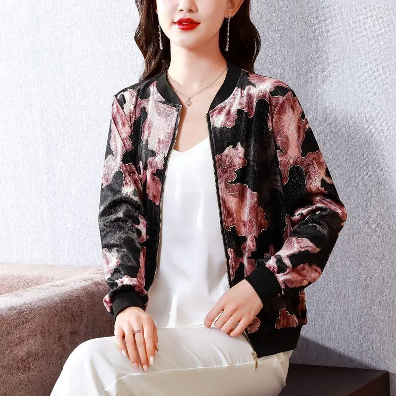 Women's Jackets Women 2023 Spring Floral Print Zipper Female Long Sleeve Loose Bomber Coats Ladies Short Casual Outerwear G76