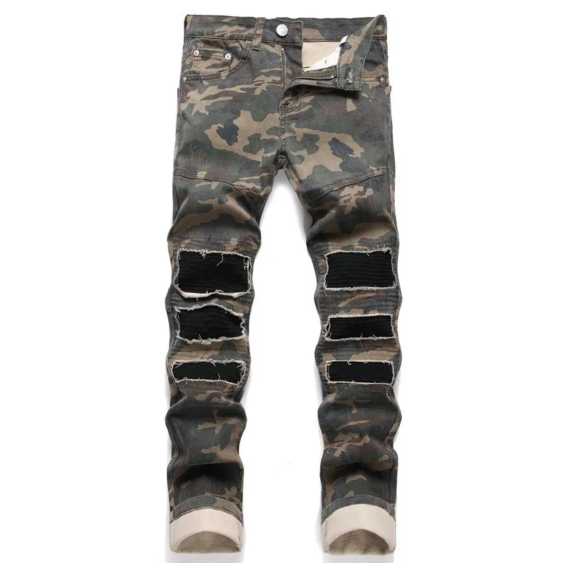 Mens Jeans Summer Winter Camouflage Knee Pad High Elastic Slim Fit 3D Splice Street Pants Metal Nails Youth Fötter Fashion23 230925