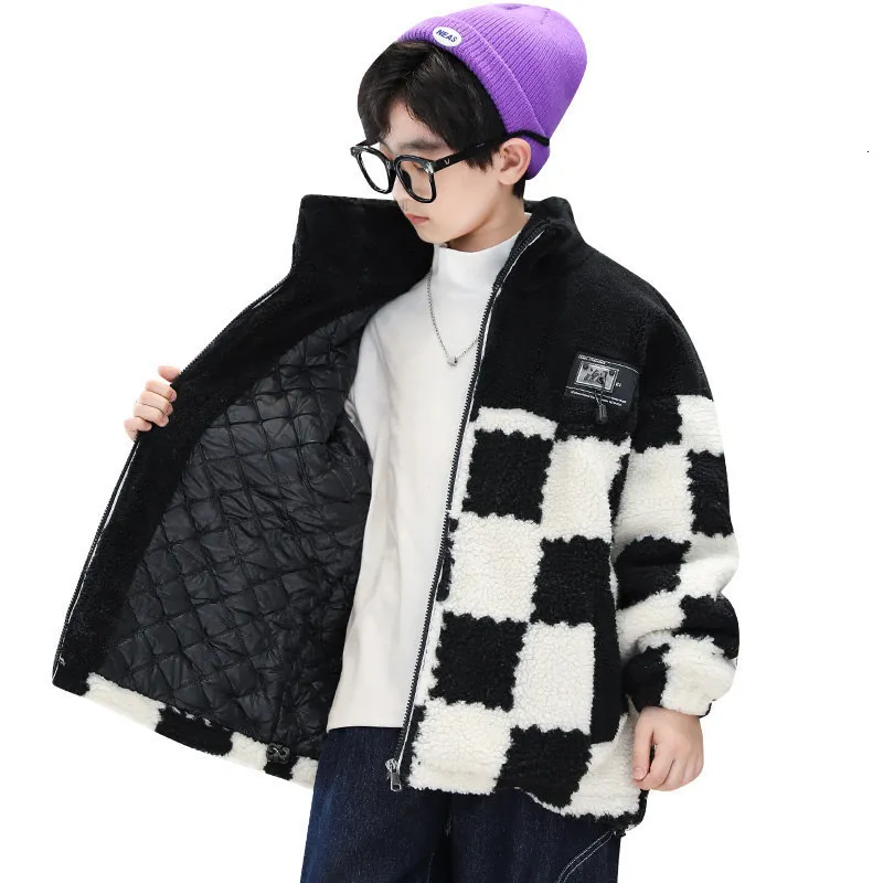 Coat Children Lamb Wool for Boys Winter Korean Fashion Plaid Pattern Jackets Casual Outerwear Outdoor Thick Warm Cotton Top 230926