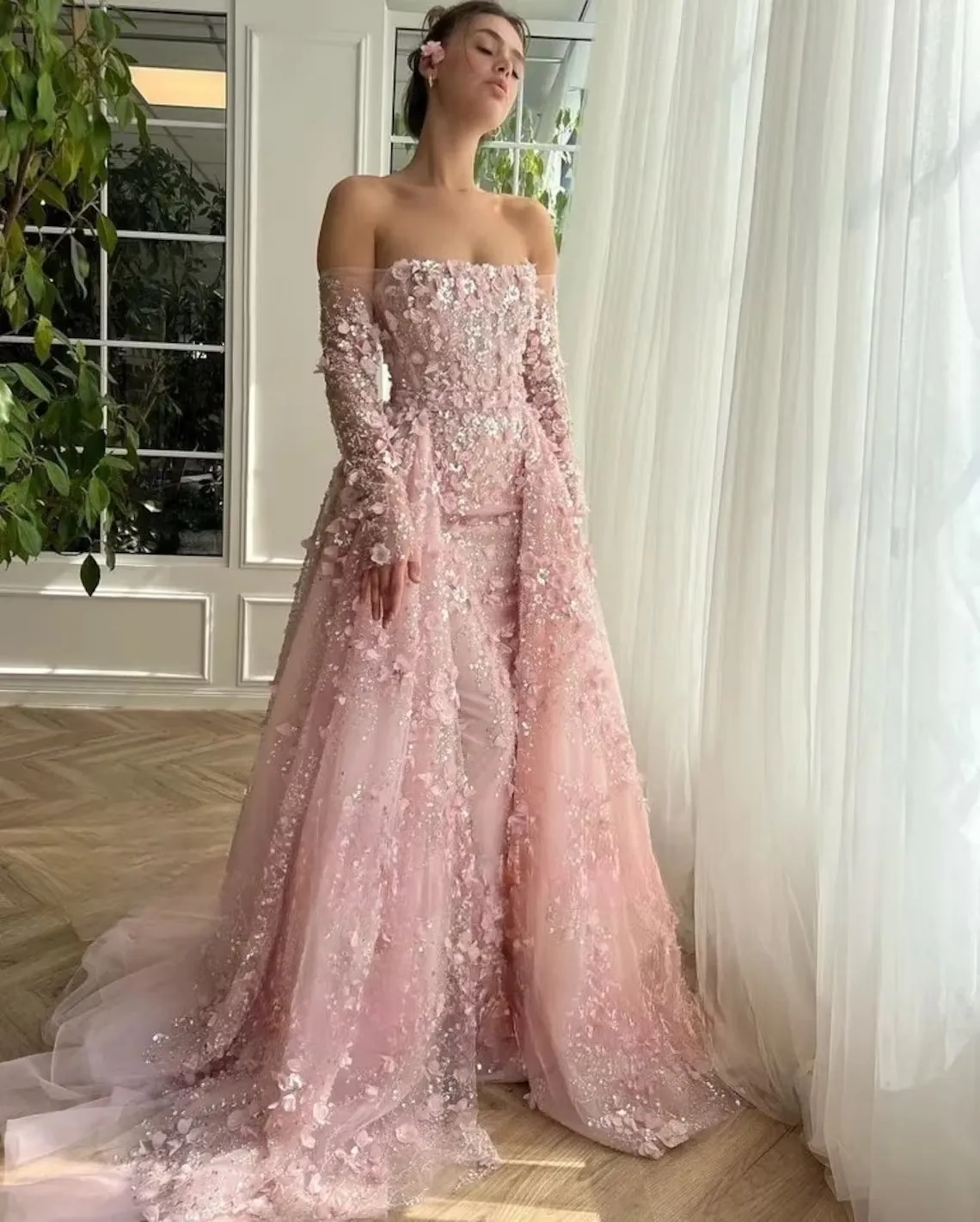 Pink Puffy High Low Pink Floral Prom Dress With Deep V Neck And