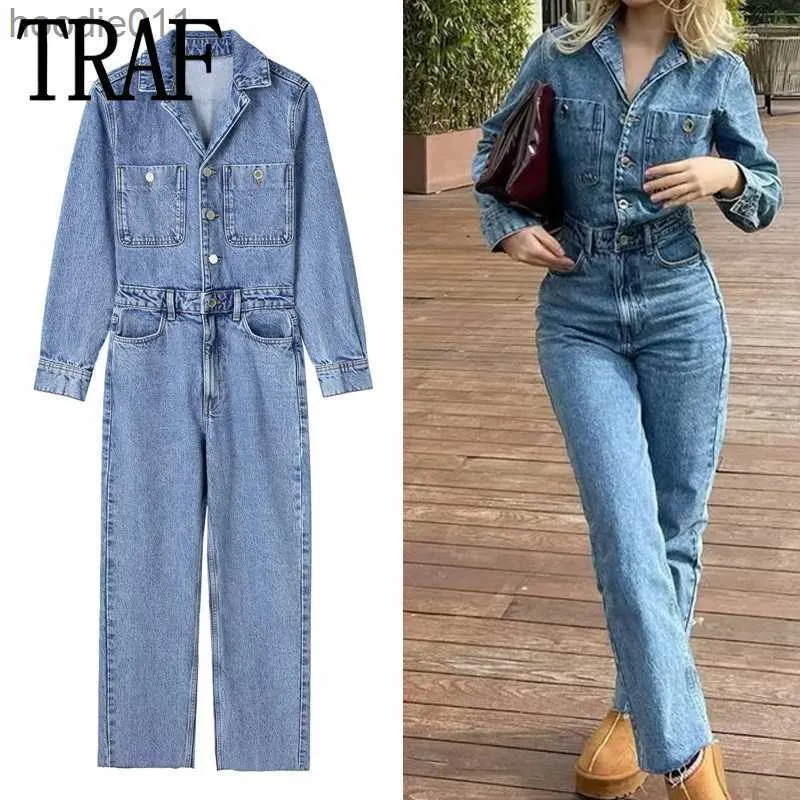 Jumpsuits voor dames Rompertjes TRAF 2023 Denim jumpsuit voor dames Jeansoveralls met lange mouwen Dames Elegante lange jumpsuits Y2k Streetwear Zomer jumpsuit L230926