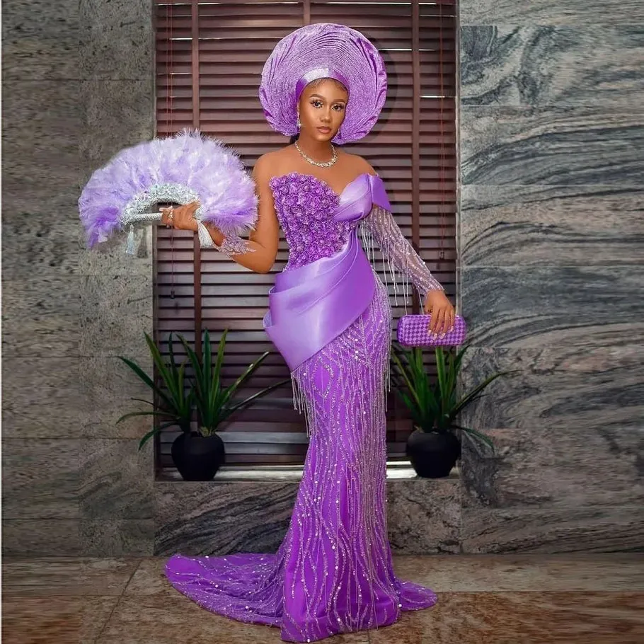 Per perle Aso Ebi Style Prom Robes Sirène Long Purple Sequins Robe de soirée