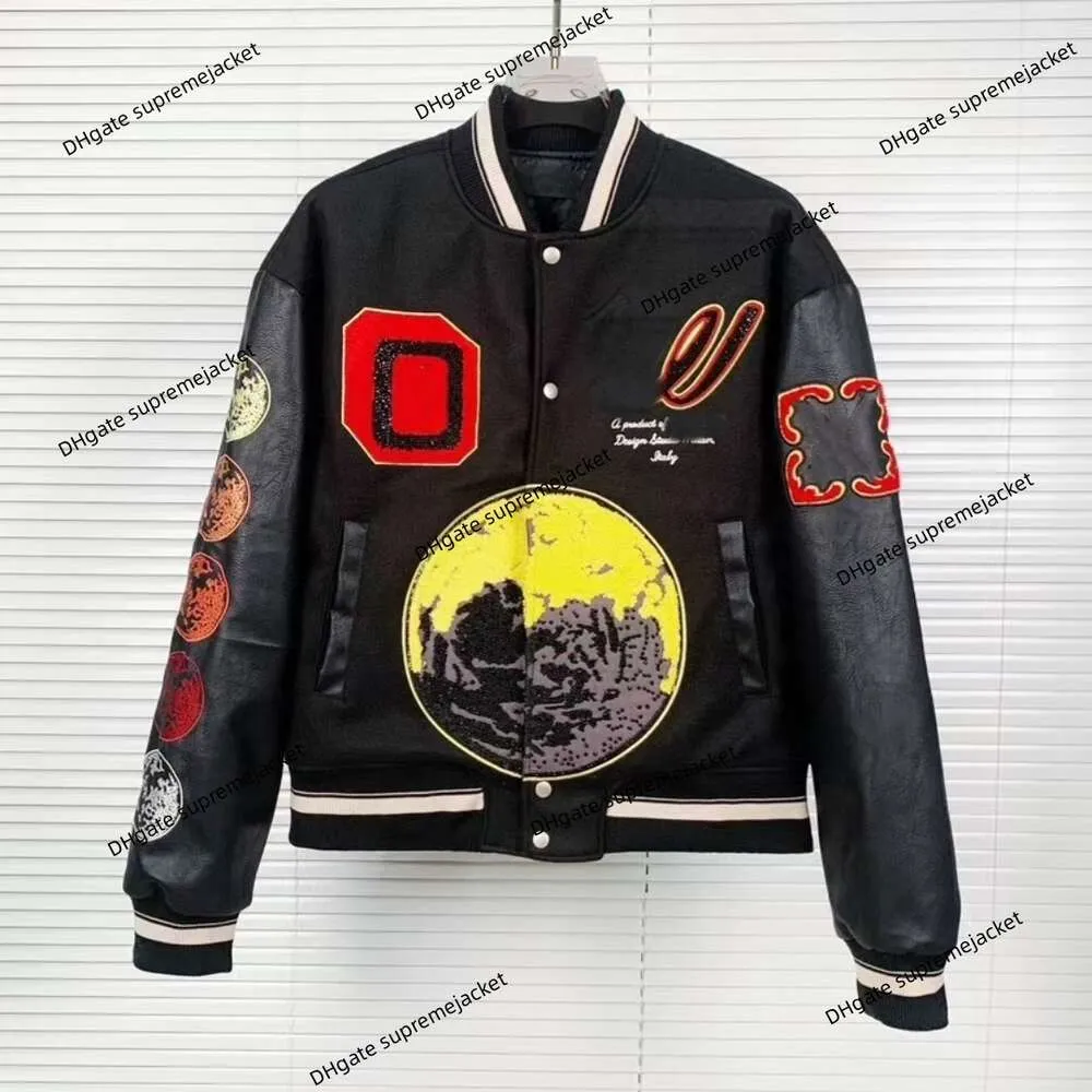 Herbst/Winter Off Brand Weiße Jacke Modische neue Schwerindustrie-Stickerei Hochtemperatur-Warmwalzbohrer Ärmelkragen Leder-Daunen-Baumwoll-Baseball-Mann-Mantel