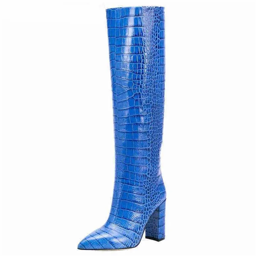 Boots Women Knee High Tall Canister Sexy Pointed Toe Chunky Heel Crocodile Print High-heeled 220729