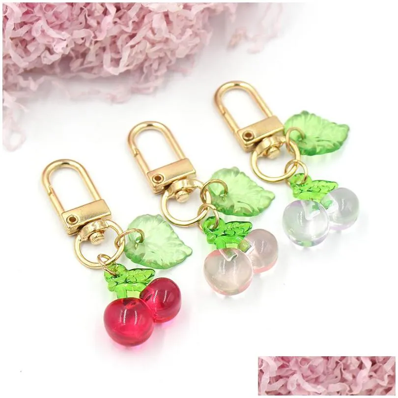 Key Rings Wholesale Acrylic Cherry Keychain Fruit Zipper Pl Charm Planner Charms Accessories Hangbag Hanging Pendant Keyring For Women Dhcw3