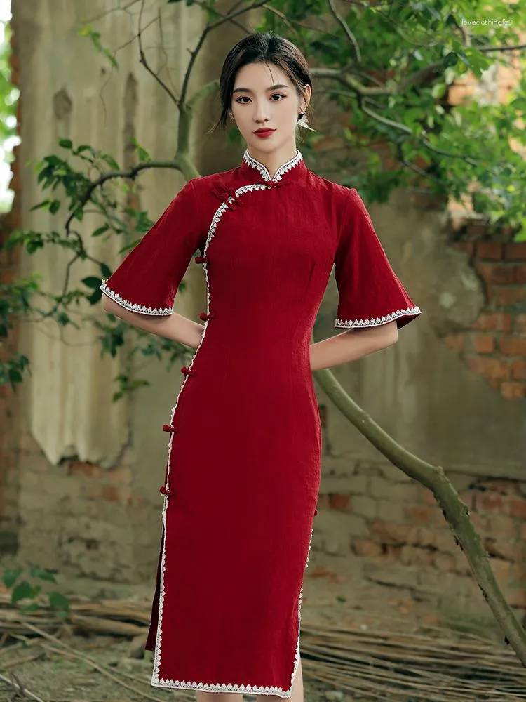 Roupas étnicas Vestido Chinês Vermelho Casar Qipao Vestidos de Noite Algodão Cheongsam Ano Festivo Cheongsams Modern China