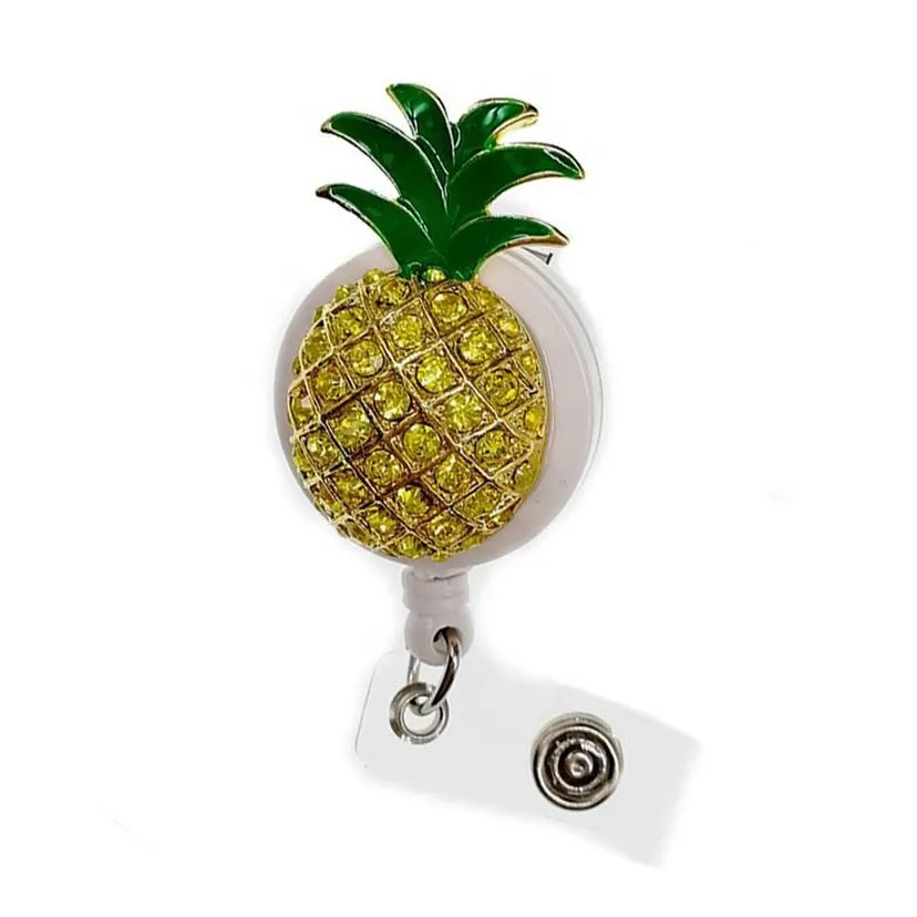 10pcs lot Key Rings Retractable Enamel Rhinestone Crystal Yellow Fruit Pineapple Shape Badge Reel Holder Clip Medical For Decorati254Q