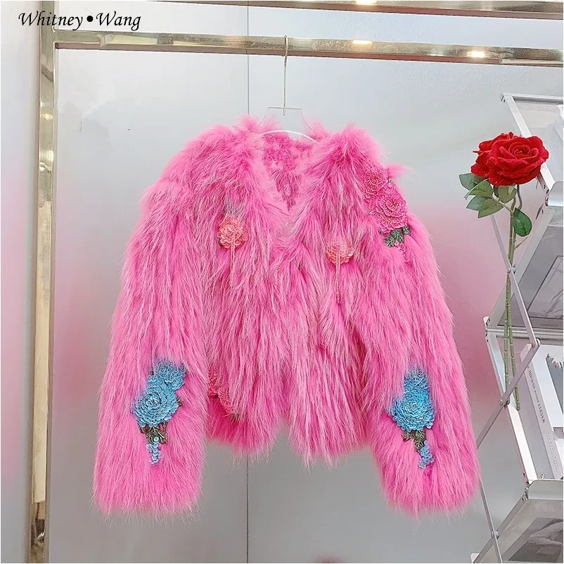 Womens Fur Faux Whitney Wang Designer Estilo Outono Inverno Moda Streetwear 3D Lantejoulas Florais Bordado Casaco Real Mulheres Outwear 230925