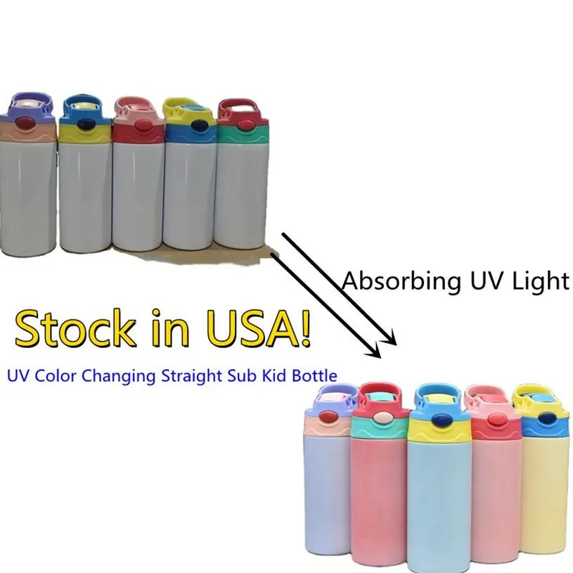 В НАЛИЧИИ США УФ-бутылка для изменения цвета, 12 унций, сублимационные прямые детские чашки-непроливайки из нержавеющей стали с двойными стенками и вакуумной изоляцией Sunsh2967