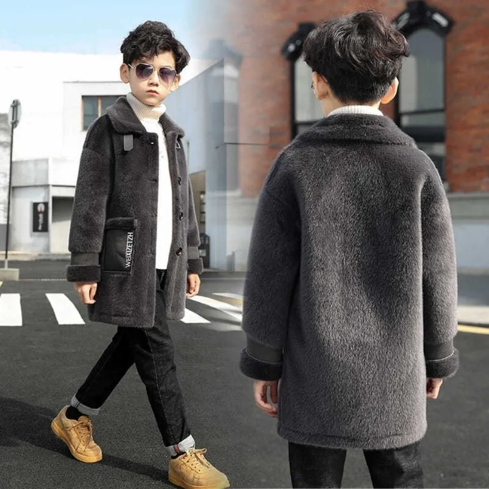 Coat Boy Faux Sheepskin Fur Jackets Male Loose Children Casual Fashion Long Outwear Warm Coats For Kids Thick 230926