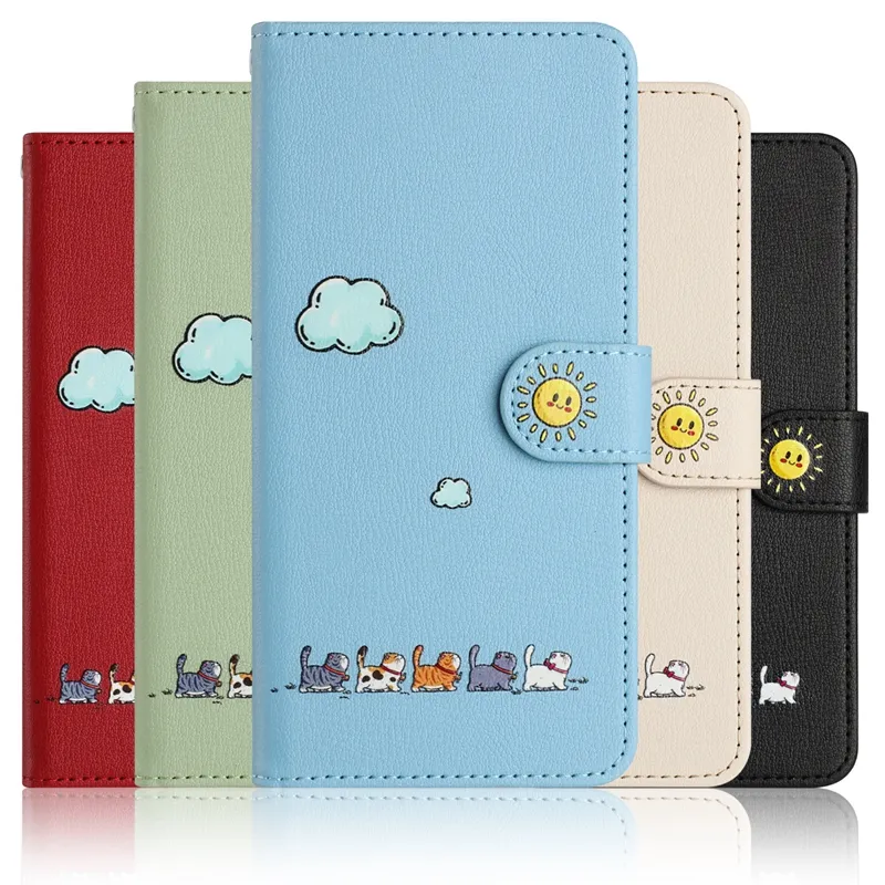 Cute Cat PU Leather Wallet Cases For Iphone 15 Plus 14 13 Pro MAX 12 11 XR XS X 8 7 6 Fashion Clound Sun Smile Flip Cover Cartoon Lovely Animal Credit ID Card Slot Holder Pouch