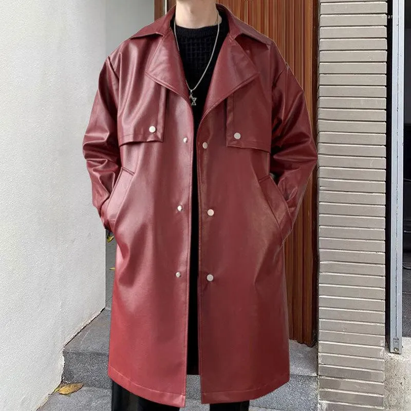 Men's Trench Coats Autumn Leather Coat Mid-length Korean Slim-fit Pu Jacket Trendy Leathe Retro Fur Men