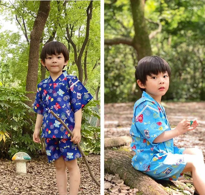 Ethnic Clothing Summer Cotton Boy Short-sleeved Jinping Kimono Yukata Suit Japanese Baby Pajamas Sweat Steaming Home Clothes