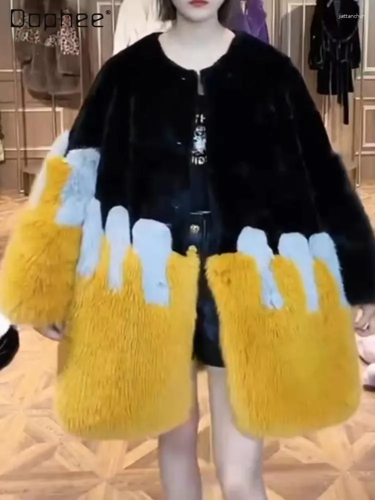 Women's Fur Mink All-in-One Warm Keeping Mid-Length Casual Trend Coat Female 2023 Winter Round Neck Long Sleeve Faux Women