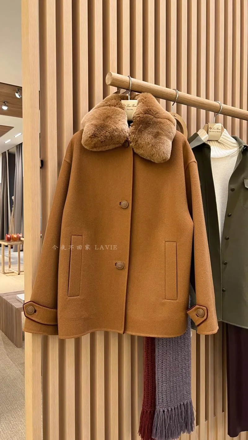 Loro Piano Womens Wool Winter Camel Stitching Fur Collar Cashmere Thick Coat