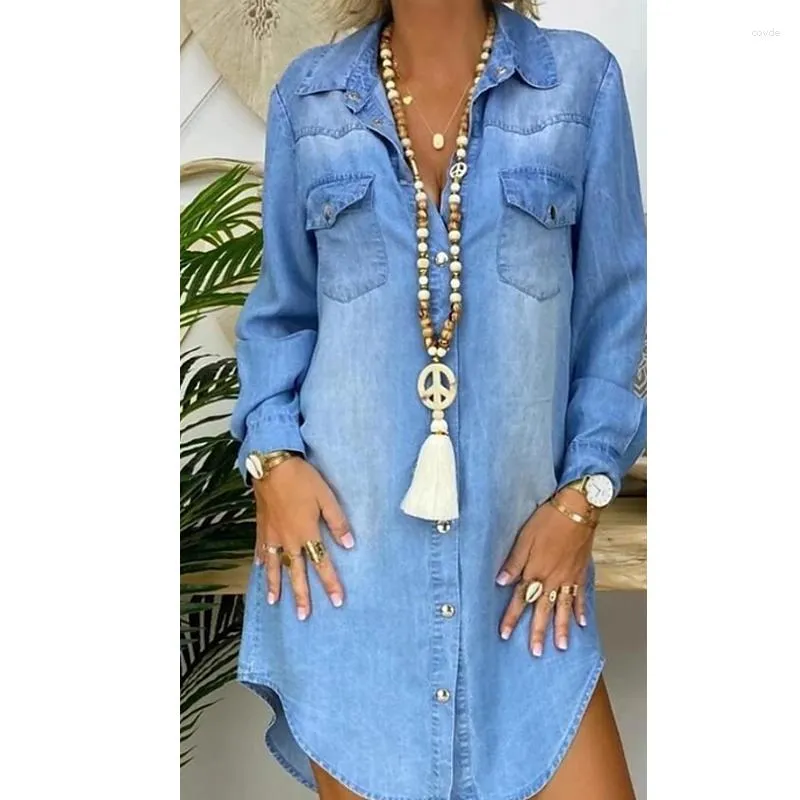 Women's T Shirts Women Denim Dress Autumn Casual Turn Down Neck Party Dresses Long Sleev Swing Vestido Clothes