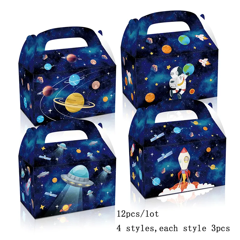 Cadeau Wrap 12pcs / lot belle boîte à bonbons astronaute univers planète boîte-cadeau fusée spatiale boîte à biscuits portable pour enfants fournitures de fête d'anniversaire 230926