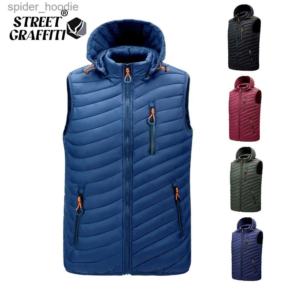 Parkas pour hommes S.T.G 2023 hommes sans manches vers le bas gilets solide à capuche gilet vestes mode chaude mâle hiver poches décontractées gilet coupe-vent veste L230926