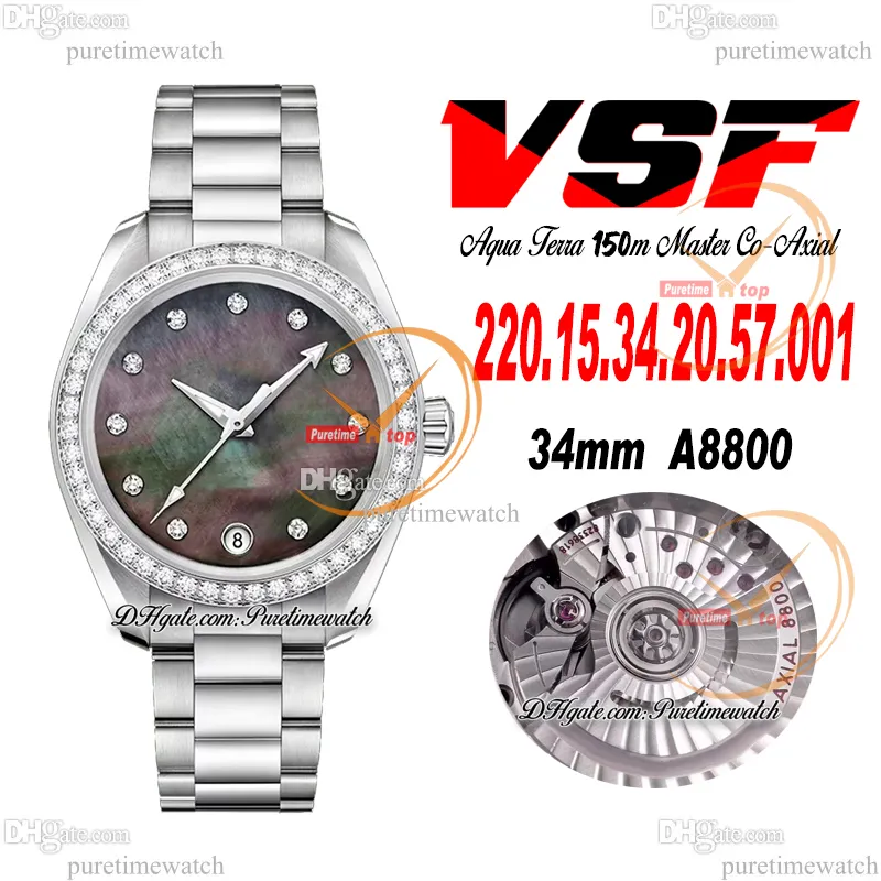 VSF Aqua Terra 150M A8800 Relógio automático feminino 43 mm moldura de diamantes mostrador cinza diamante pulseira de aço inoxidável super versão 220.15.34.20.57.001 feminino Puretime B2