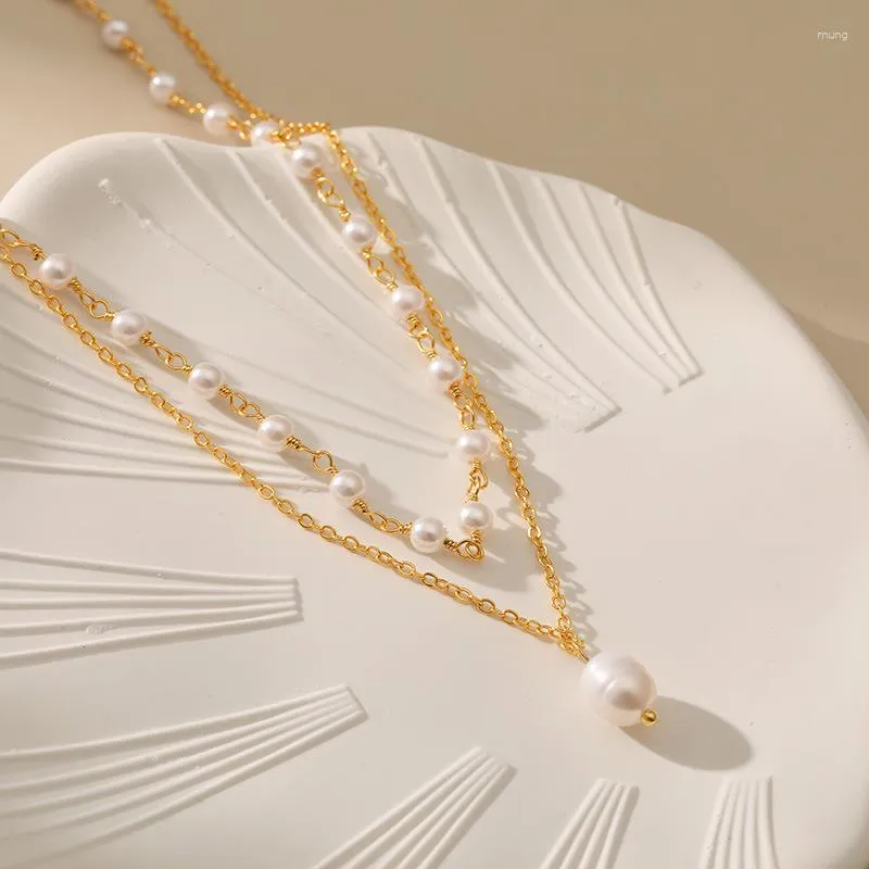 Choker Minar francuski 18K prawdziwe złote poszycie mosiężne podwójne warstwy nieregularne naszyjniki z perełką słodkowodną dla kobiet Pendientes