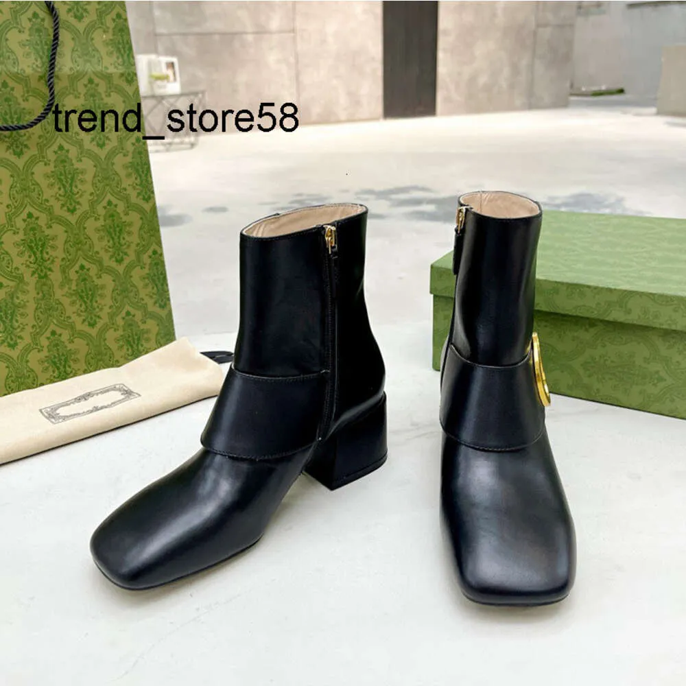 Black White Leather Womens Ankle Boot Mid heel Boots Zip Closure Martin Booties Lady Square Heel Gold toned Hardware Motorcycle Roman Wedding OU6K