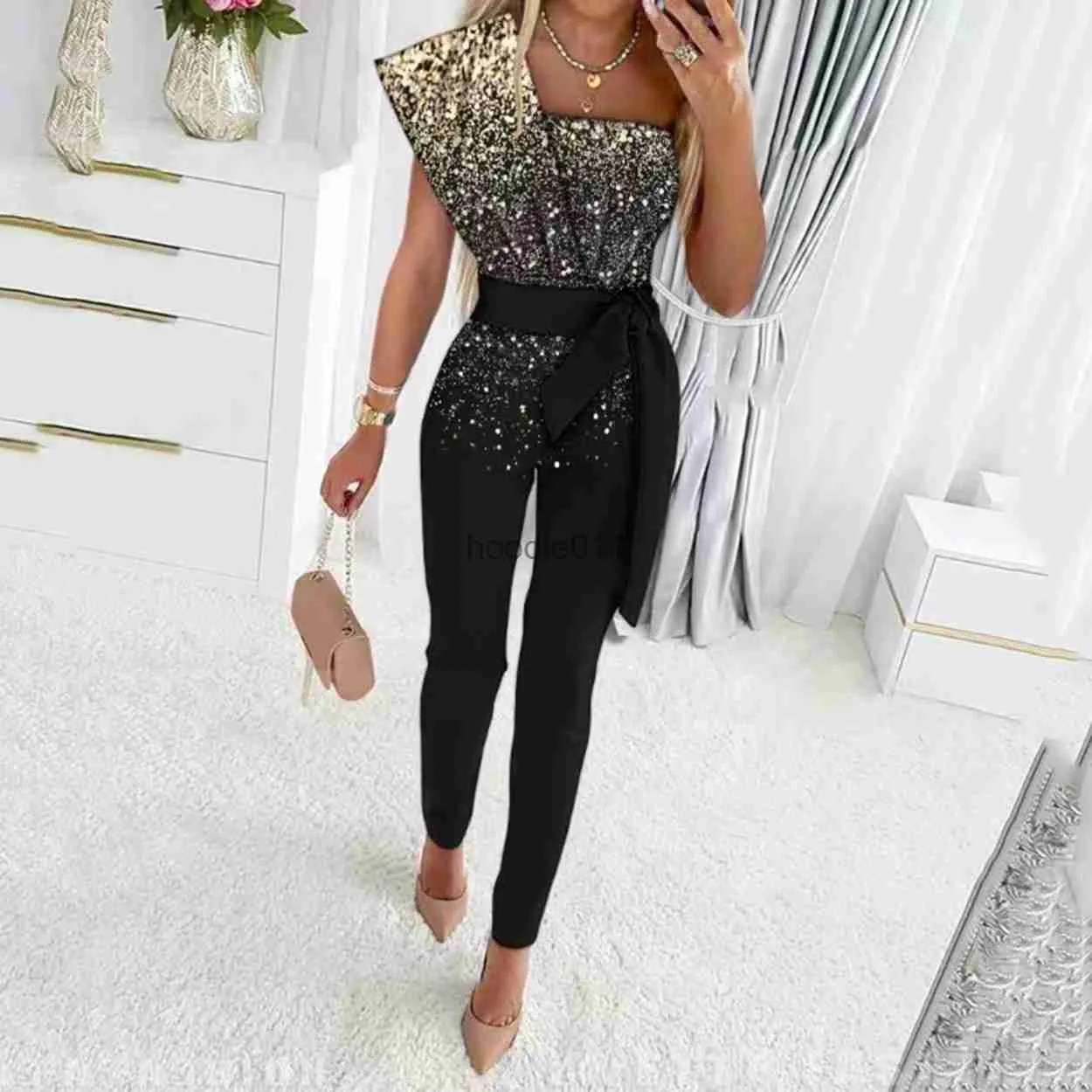 Sequin Patchwork Black One Shoulder Jumpsuit For Women Slim Fit Bodycon  Outfit With Elegant One Piece Party Overalls From Hoodies011, $6.29