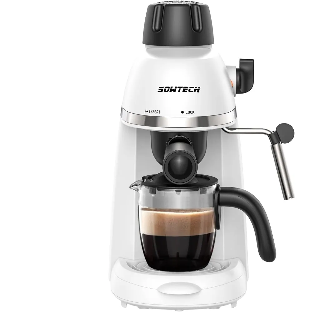 Sowtech Espresso Coffee Machine Maker Cappuccino Latte Maker 3.5 بار 1-4 كوب مع حليب البخار أبيض