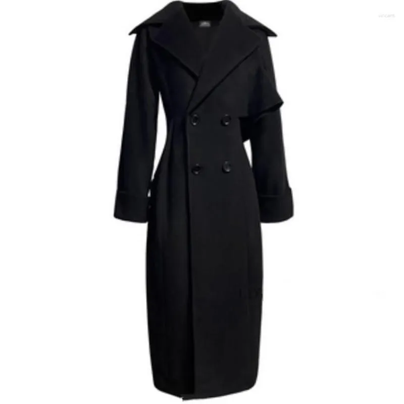 Frauen Wolle Herbst Winter Vintage Schwarz Zweireiher Woolen Mantel Frauen Hohe Taille Schlank Blends Outwear