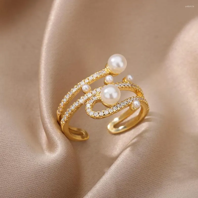 Klusterringar zirkon oregelbunden imitation pärla ring för kvinnor rostfritt stål guld pläterad öppen i estetiska juveler present bijoux femme