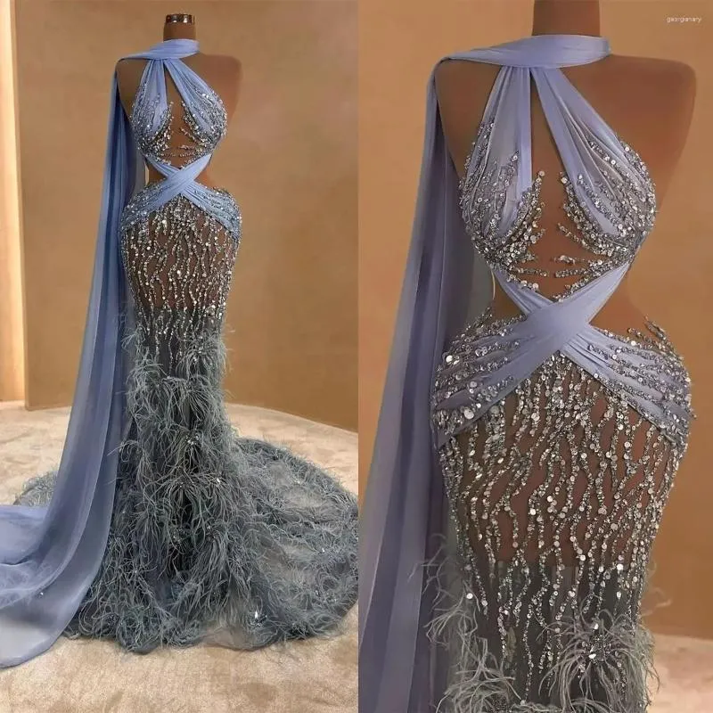 Robes de piste gracieuse lavande sirène bal dentelle plumes robe de soirée sur mesure Illusion avec robe de soirée portefeuille