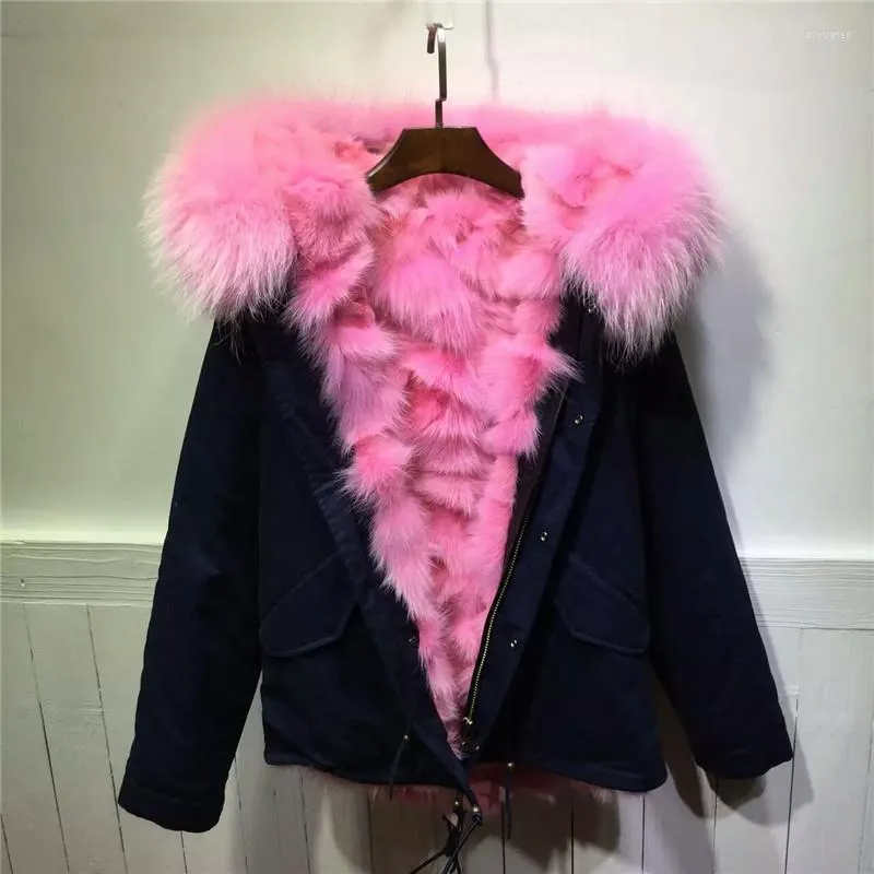 Kvinnors päls högkvalitativ rosa Big Raccoon Collar Outwear tjock ben Inside Jacka Kvinnor Vinter äkta huva kappa