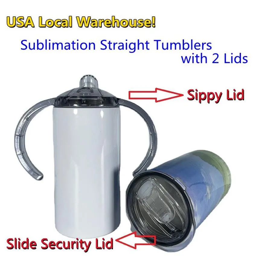 USA Stocks Sublimation 12oz Sippy Cups Kids Mugs med två lock Vita ämnen Raka vattenflaskor Slide Lock Rostfritt stål Doubl2974