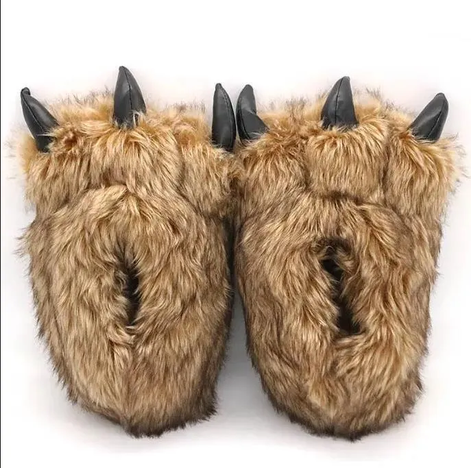 Hiver unisexe maison pantoufles ours patte chaussures drôle animal griffe plat chaud doux intérieur pantoufles femmes hommes peluche maison chaussures Y0406