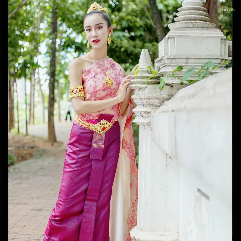 Vêtements ethniques Traditionnel Thai pour femmes Tops sans manches Purple Phasin Châle Restaurant Bienvenue Caissier Salopette Thaïlande Vêtements