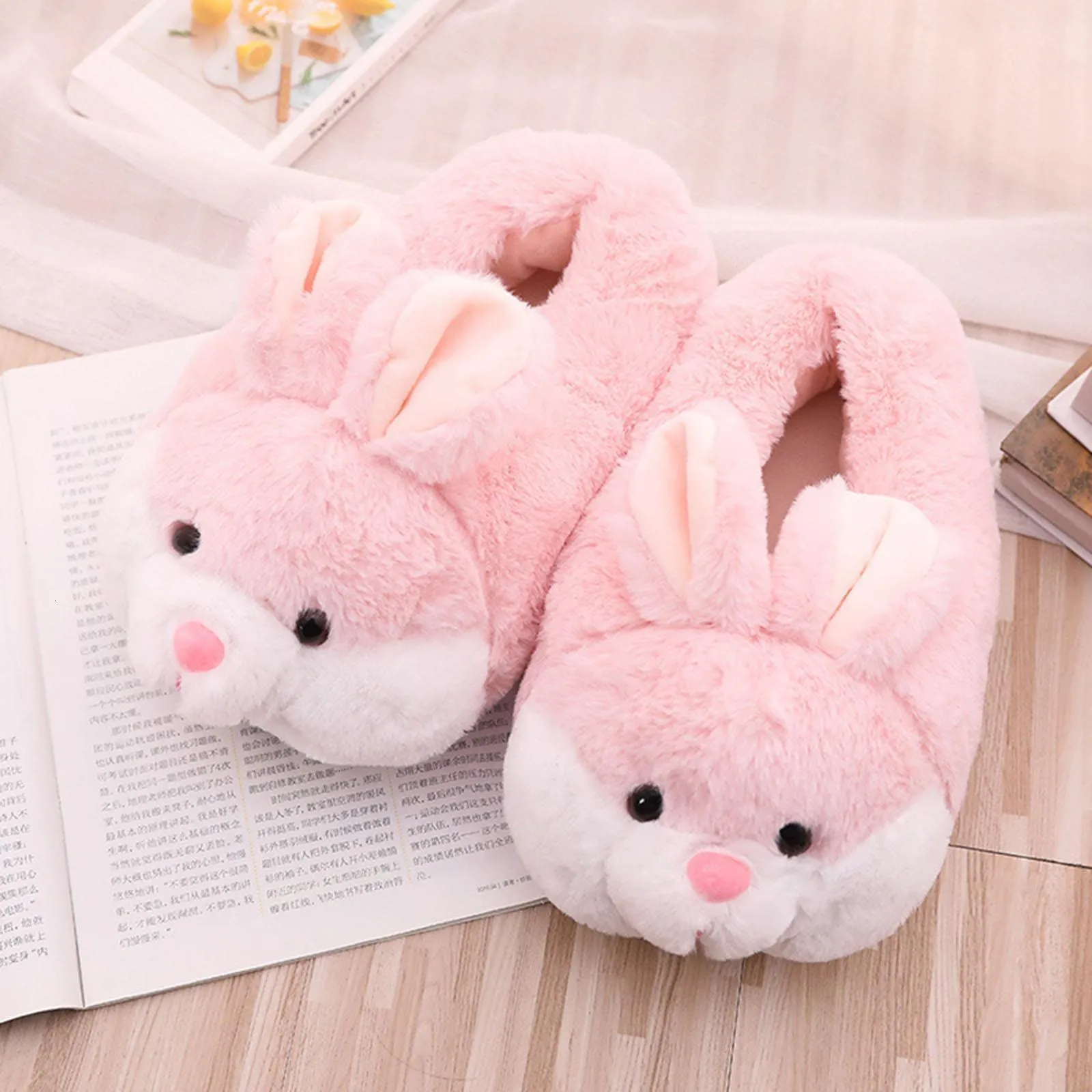 2Pcs Women Cartoon Rabbit Plush Slippers Adorable Warm House Shoes for Bedroom Dormitory Indoor