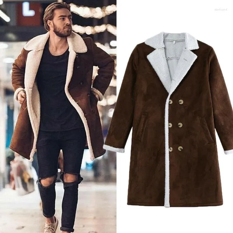 Men's Wool 2023 Fashion Men Fur Fleece Blends Brown Color Trench Coat Overcoat Lapel Warm Fluffy Jacket Outerwear Male Boy