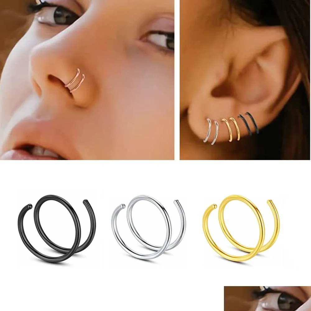 Double Faux Hoop L-Shape Nose Ring, Nose Stud 18ga