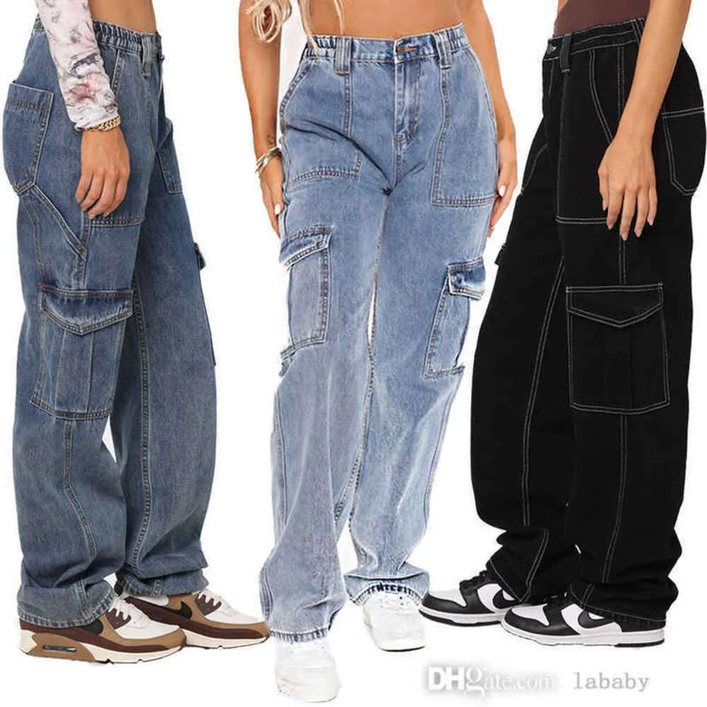 Y2k Womens Denim Cargo Pants Jeans High Waist Classic Pocket Trousers Wide Leg Boyfriend Jeans pants