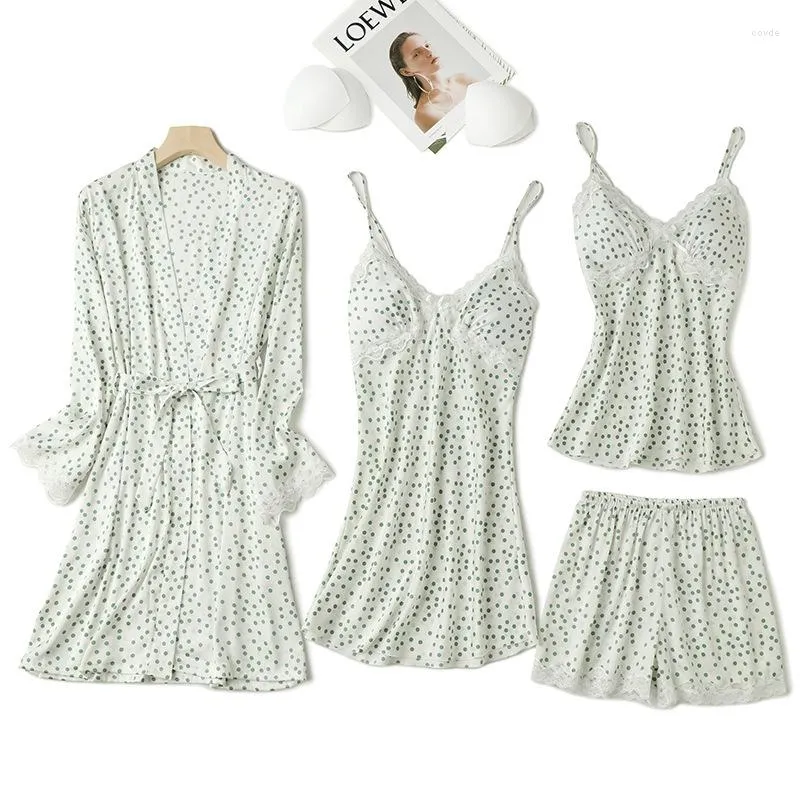 Women's Sleepwear Rayon 4PCS Pajama Set With Breast Pads Women Sexy Four Pieces Suit V-Neck Pyjamas Nightwear Loose Loungewear