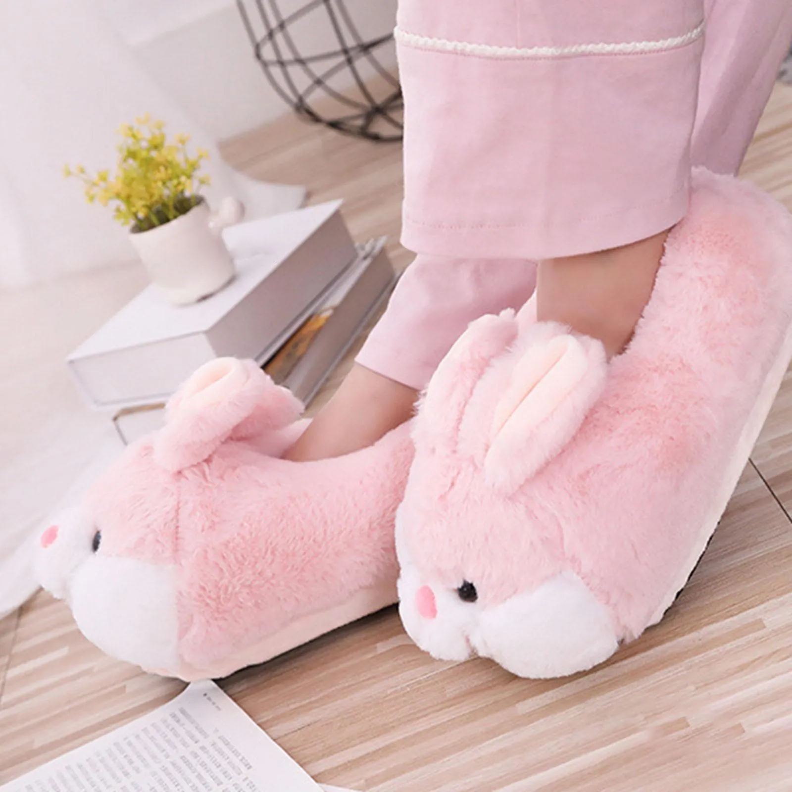 2Pcs Women Cartoon Rabbit Plush Slippers Adorable Warm House Shoes for Bedroom Dormitory Indoor