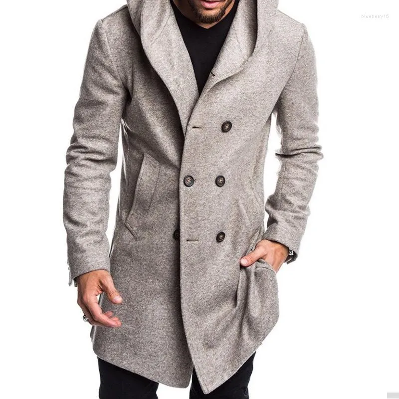 Men's Wool Black Double-breasted Overcoat 2023 Autumn Winter Hooded Coat Men Casual Fashion Long Sleeve Windbreaker