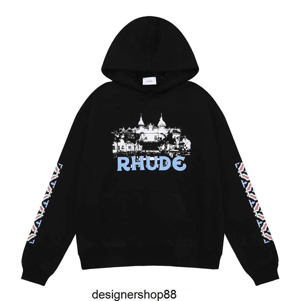 Rhode Niche Fashion High-definition Castle Impresso Hip-hop Masculino e Feminino Casual Solto Suéter com Capuz