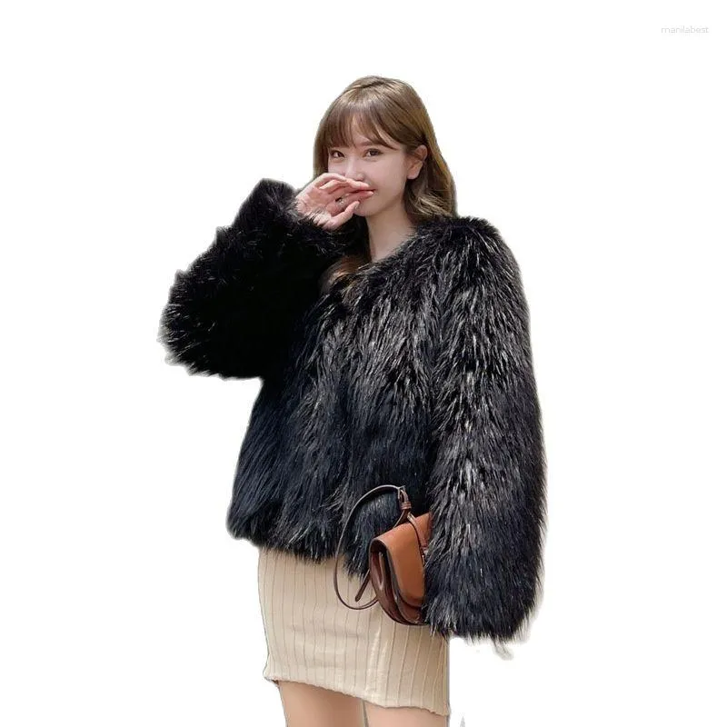 Women's Fur Winter Jackets For Women 2023 In Outerwears Ladies Short Faux Raccoon Dog Coat Black Plush Jacket Cardigan