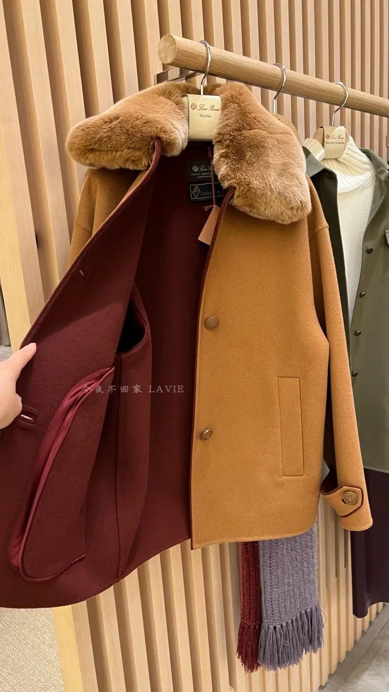 Womens Wool Winter loro piana Camel Stitching Fur Collar Cashmere Thick Coats