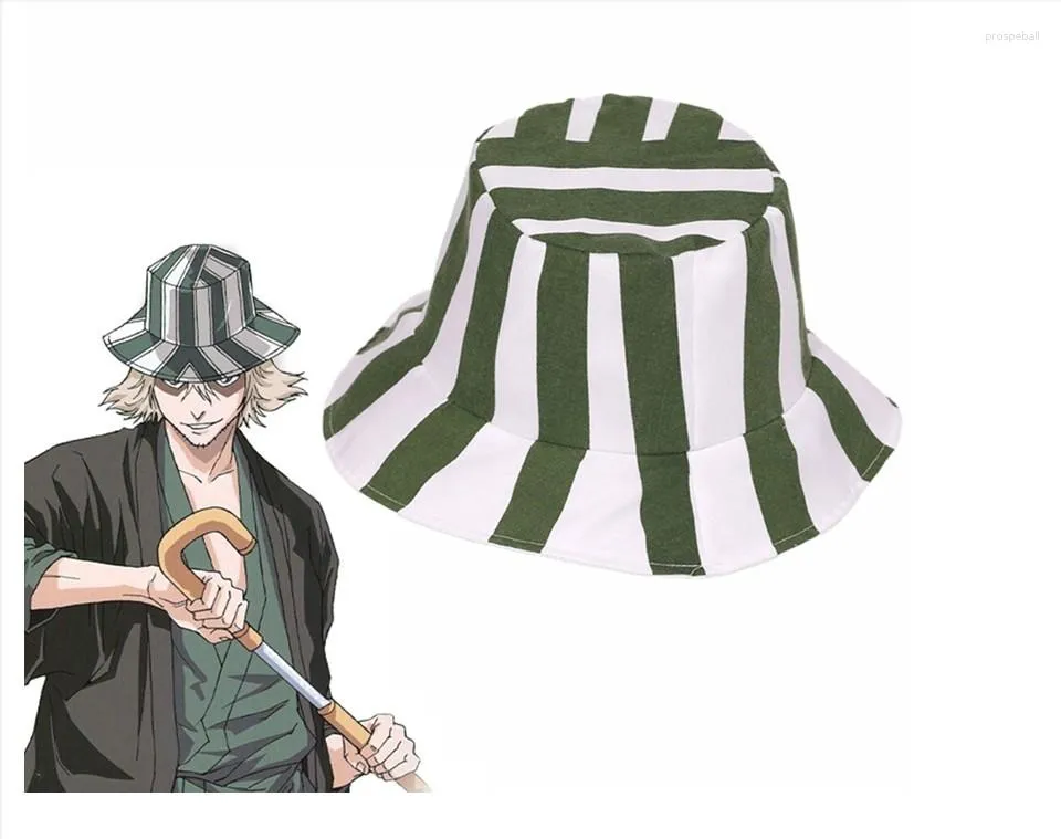 BERETS ANIME BLEACH URAHARA KISUKE COSPLAY HAT CAP DOME GREENとWHITE STRIPED SUMMER COOL WATERMELON HATSアクセサリー