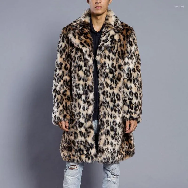 Men's Fur Leopard Plus Thickening Mens Long Coat Warm Thick Collar Jacket Faux Parka Cardigan Male Fashion Gentleman Style