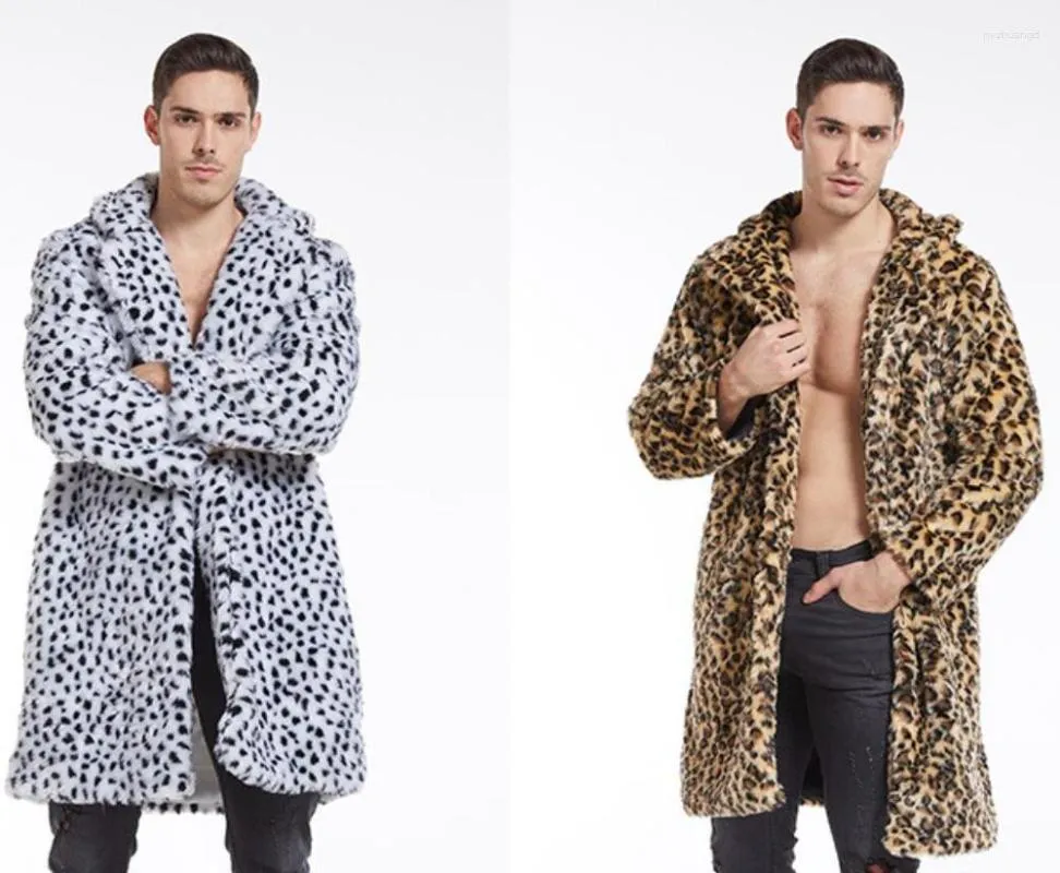 Men's Fur Imitation Coats For Autumn And Winter Style Jacquard Leopard Print Large Lapel Long Coat