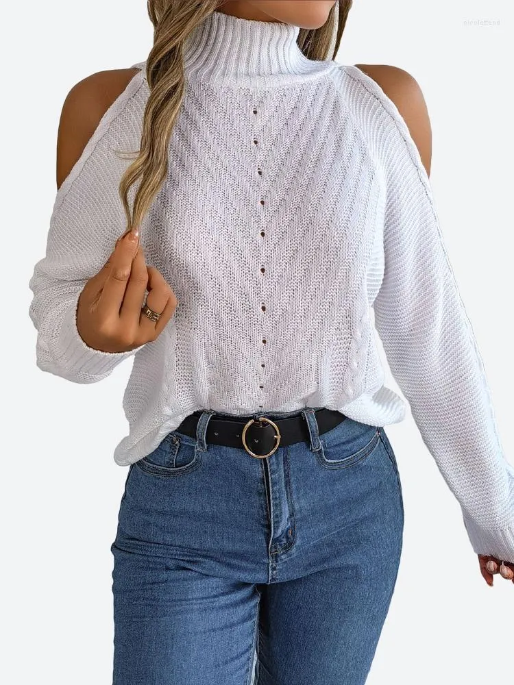 Suéteres para mujer Benuynffy Hombro frío Suéter de cuello alto Mujeres 2023 Otoño Invierno Moda Y2K Casual Manga larga Streetwear Jersey Punto