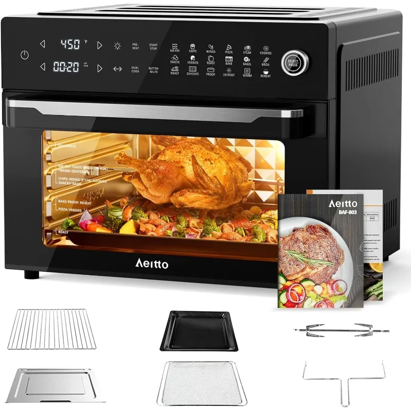 Grote luchtfriteuse, 32 liter, broodrooster, ovencombinatie met draaispit, dehydrator en volledige accessoires 19-in-1 digitale airfryer