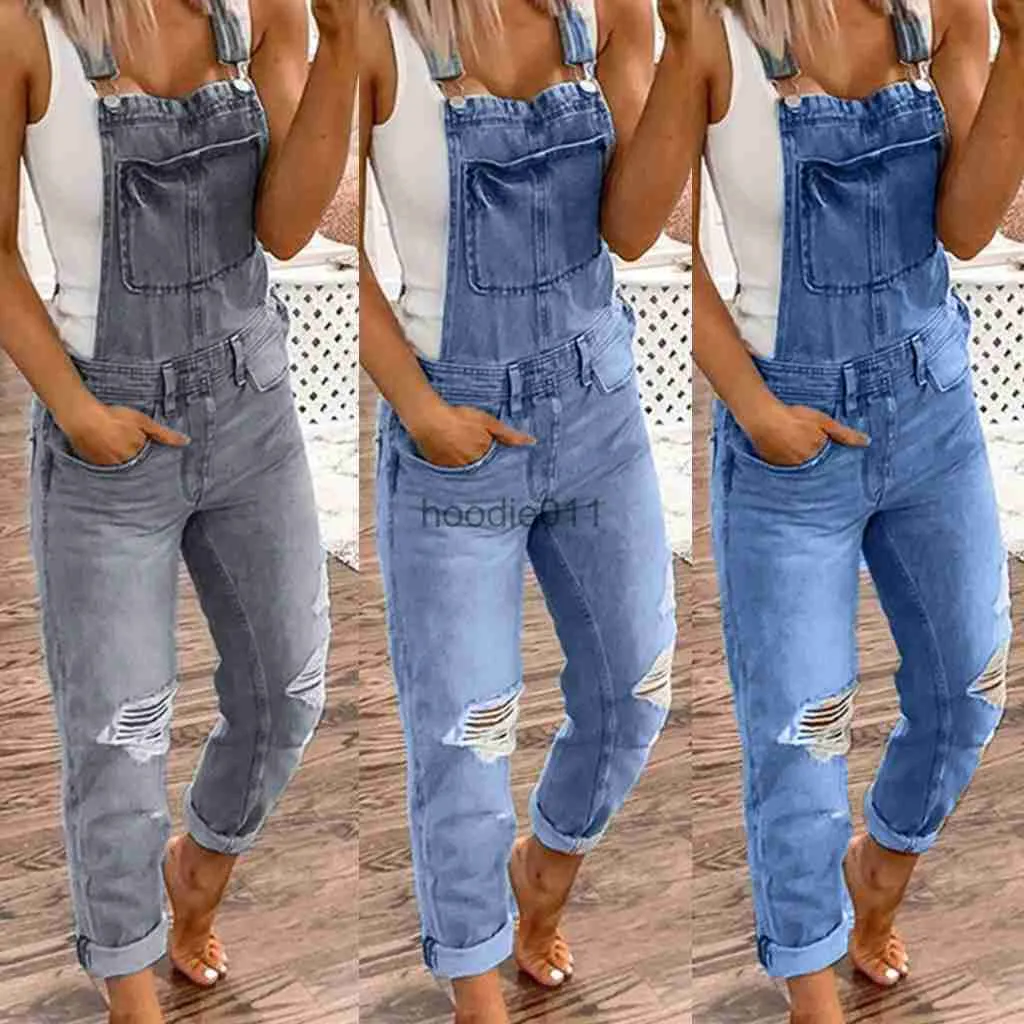 Jumpsuits voor dames Rompertjes Denim Bib Jumpsuit Dames Gescheurde slim-fit jumpsuits Casual mode Overalls Vrouwelijke gescheurde jeans Gewassen rompertjes Street chic L230926